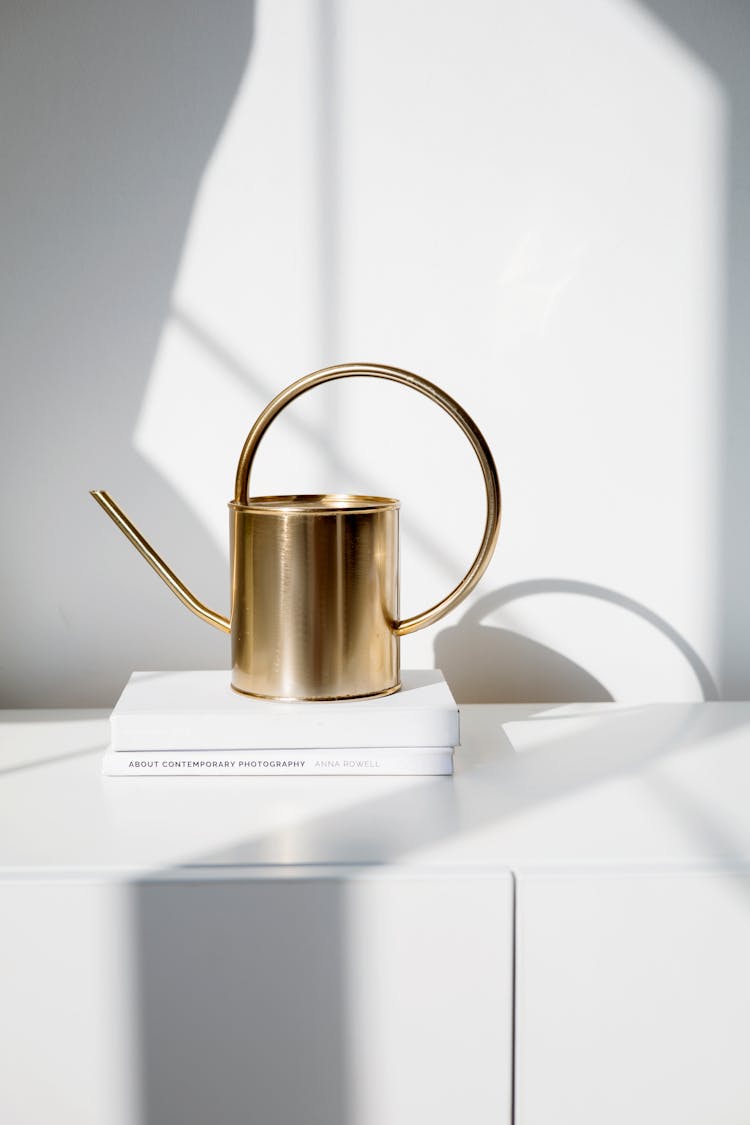 A Metal Watering Can On A Countertop