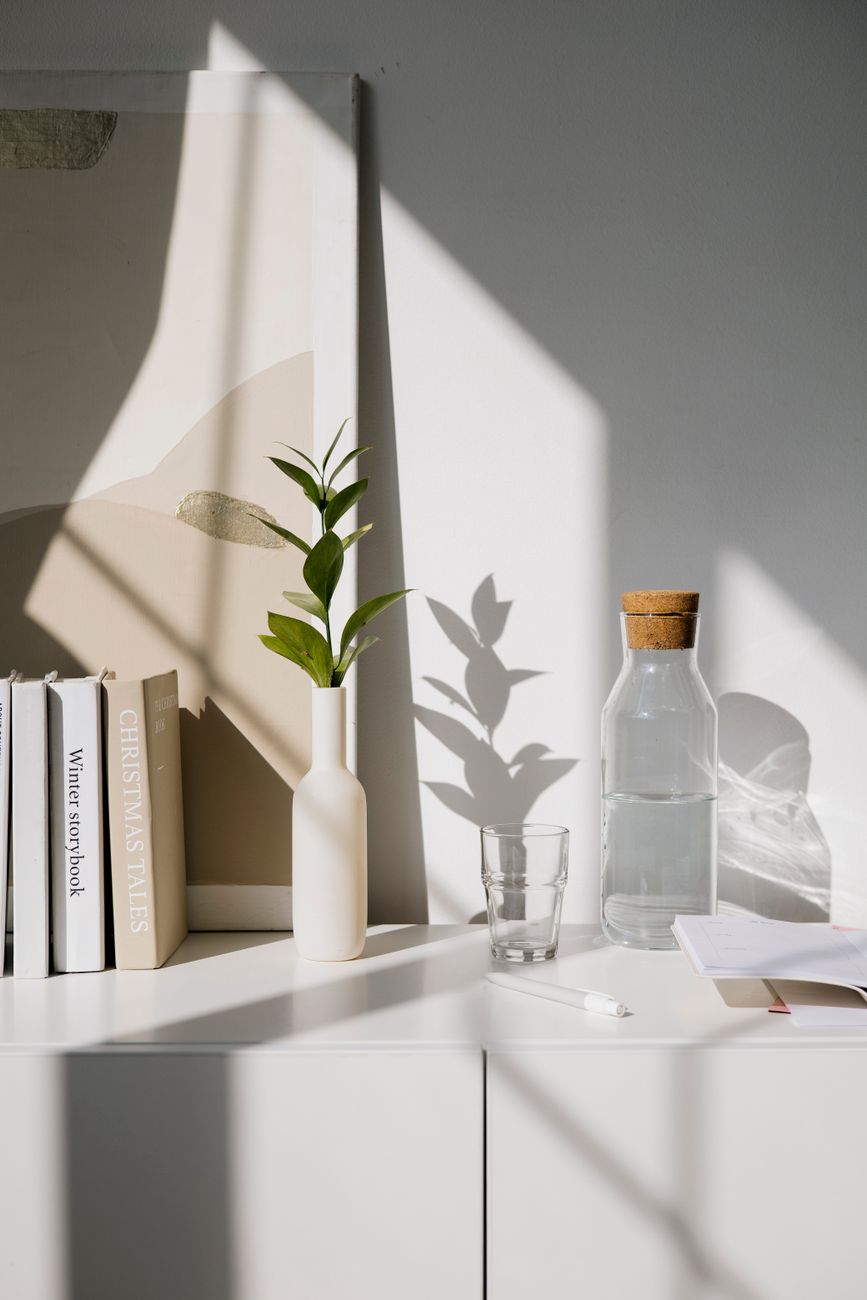 A modern minimalist setup featuring books, a vase, and a carafe on a sunlit shelf.