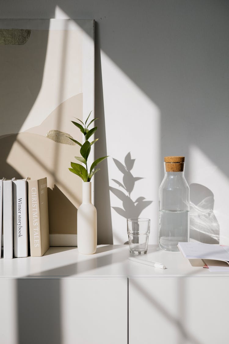 An Indoor Plant In A White Vase Beside An Empty Glass And A Jar Of Water