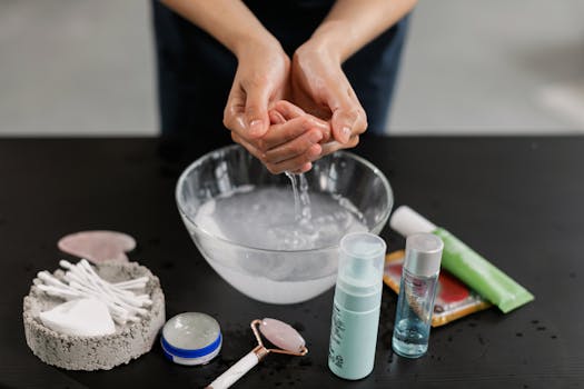 Hands washing with skincare products, emphasizing a thorough beauty regimen.