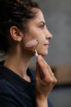 Side view of a woman massaging her face with a rose quartz roller in a beauty routine.