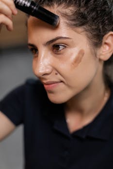 A young woman applying makeup foundation with a brush in an indoor setting.