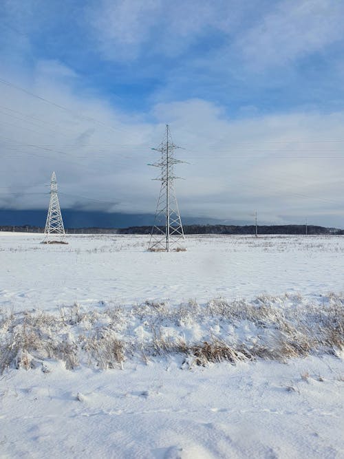 Free Electric Poles on the Snow Covered Field Stock Photo