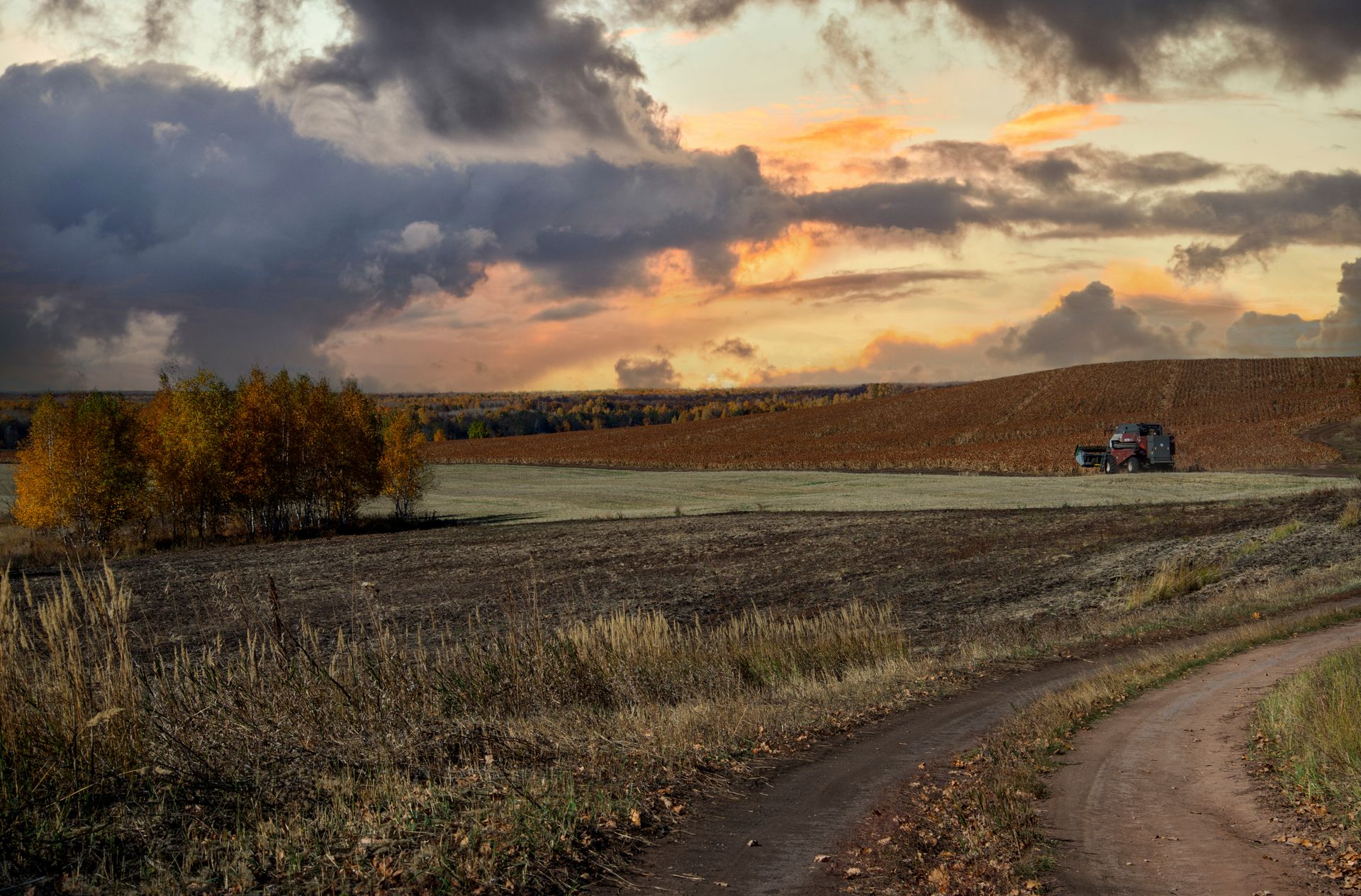 A tractor navigating vast autumn croplands against a dramatic sunset sky, perfect for agricultural themes.