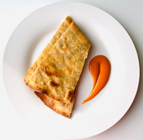 Toasted Tortillas with Red Sauce on a White Plate