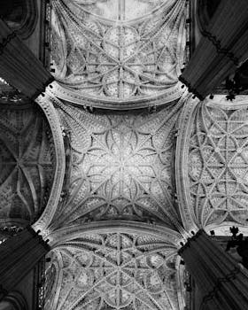 Beautiful intricate Gothic ceiling detail of Cathedral in Sevilla, Spain.