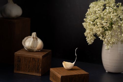 Free Artistic still life featuring garlic and white flowers in a ceramic vase on wooden platforms. Stock Photo