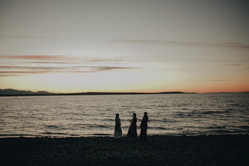 Silhouette of Three People Standing near the Sea During Sunset