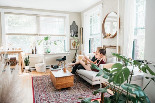 Two women relaxing in a stylish living room, embracing love and togetherness.
