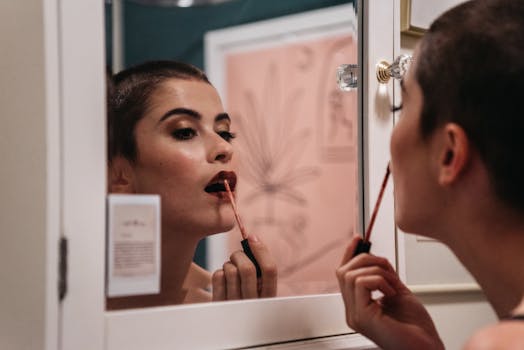 A woman applying lipstick in front of a mirror, with a reflection visible.