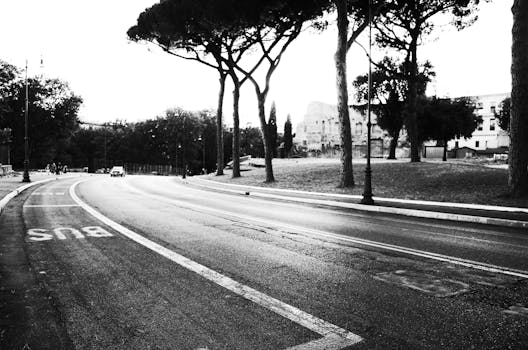 Grayscale view of a city road near iconic architecture, perfect for travel themes.