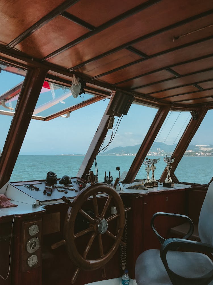 Captain Control Cabin In A Boat And The View Of The Sea 