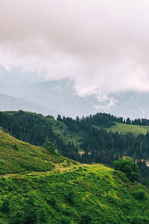 Free Captivating view of a mountain landscape with lush greenery and dramatic clouds. Stock Photo