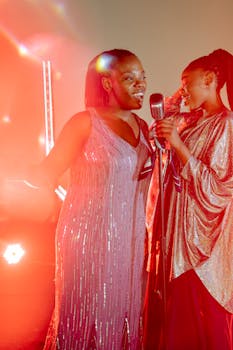 Two African American women joyfully singing with a microphone on stage.
