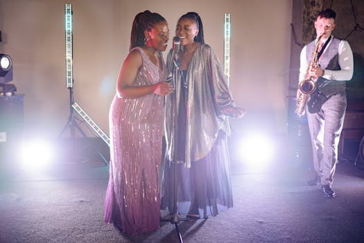 Two women singing with a saxophonist on stage, capturing a vibrant jazz performance.