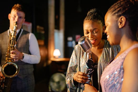 Musicians performing jazz with saxophone and vintage microphone in a cozy indoor setting.