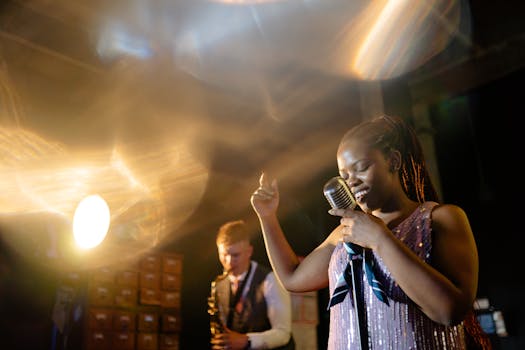 Vibrant live performance featuring a female singer and her band, capturing the essence of live music.