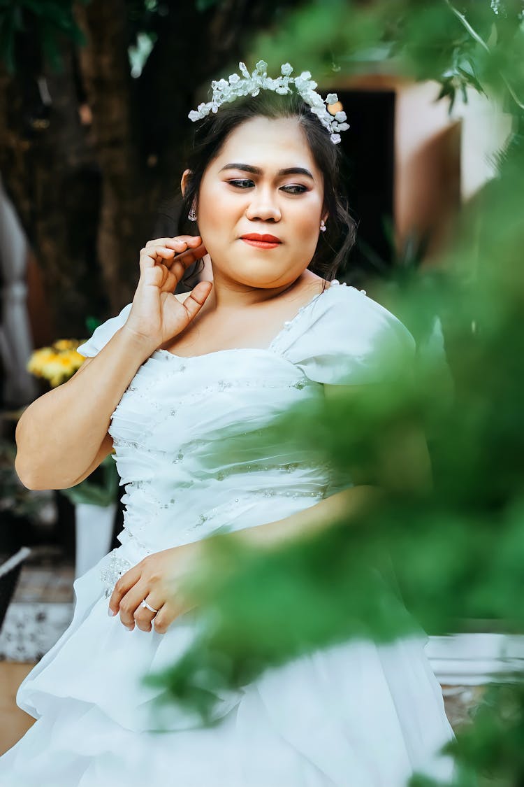 Woman In White Dress With White Headband