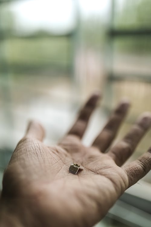Hand of crop anonymous person with small metal element standing near big window in light room at home on blurred background