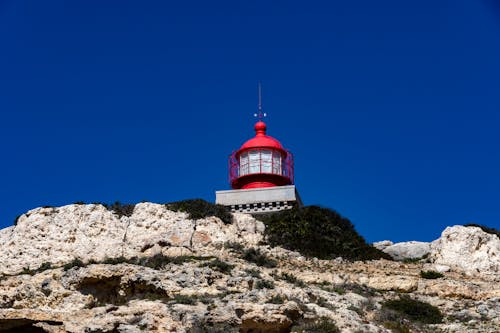 A Red Lighthouse on a Rocky Cliff Under Blue Sky
