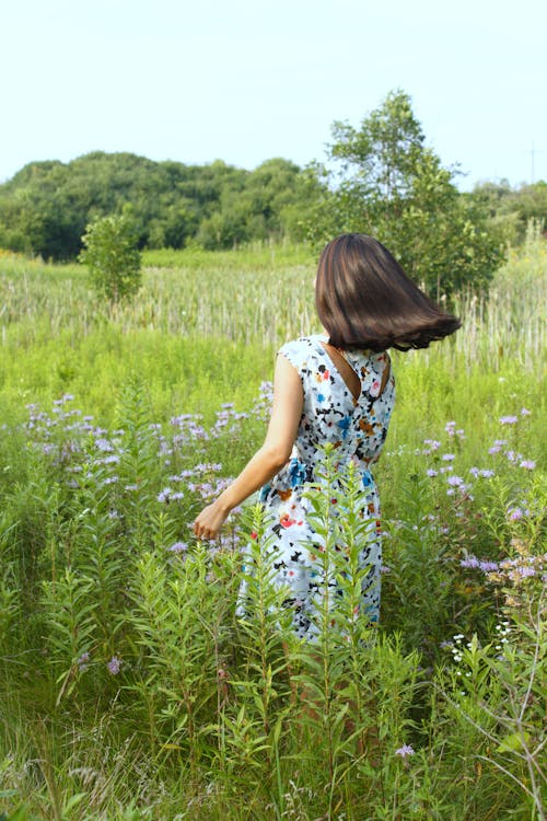 Free Woman in Blue Floral Dress Standing on Green Grass Field Stock Photo