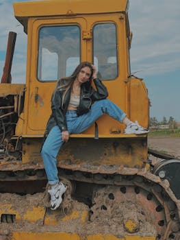 A stylish woman posing on a yellow bulldozer, blending fashion with industrial elements outdoors.