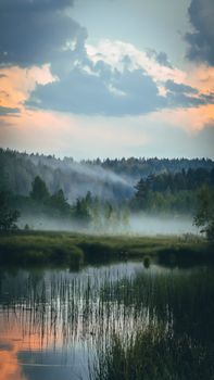 Tranquil forest scene with mist over calm water and vibrant sky at sunrise, perfect for peaceful themes.