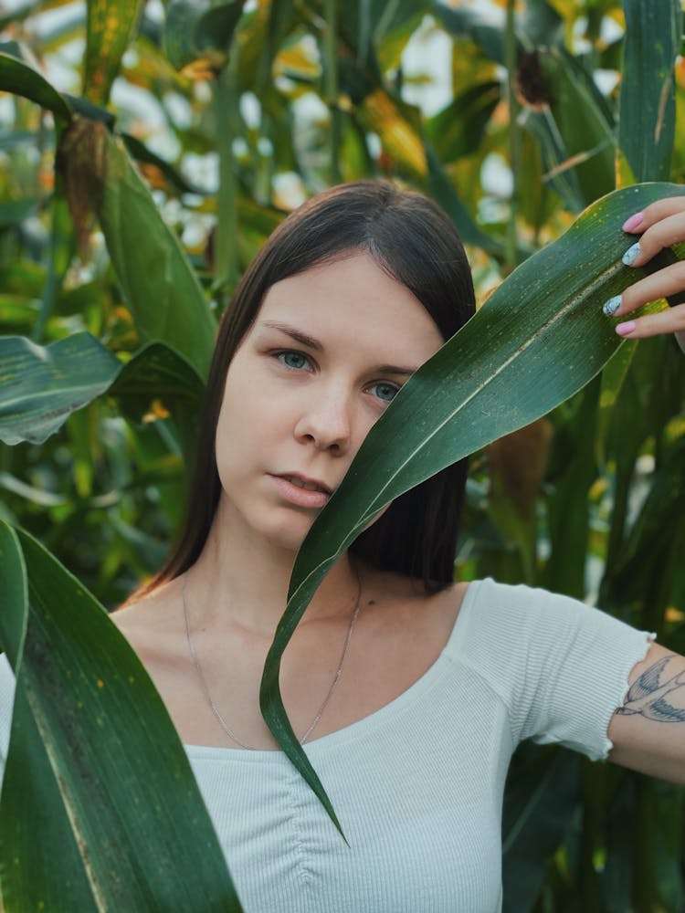 Pretty Woman Holding Corn Leaves