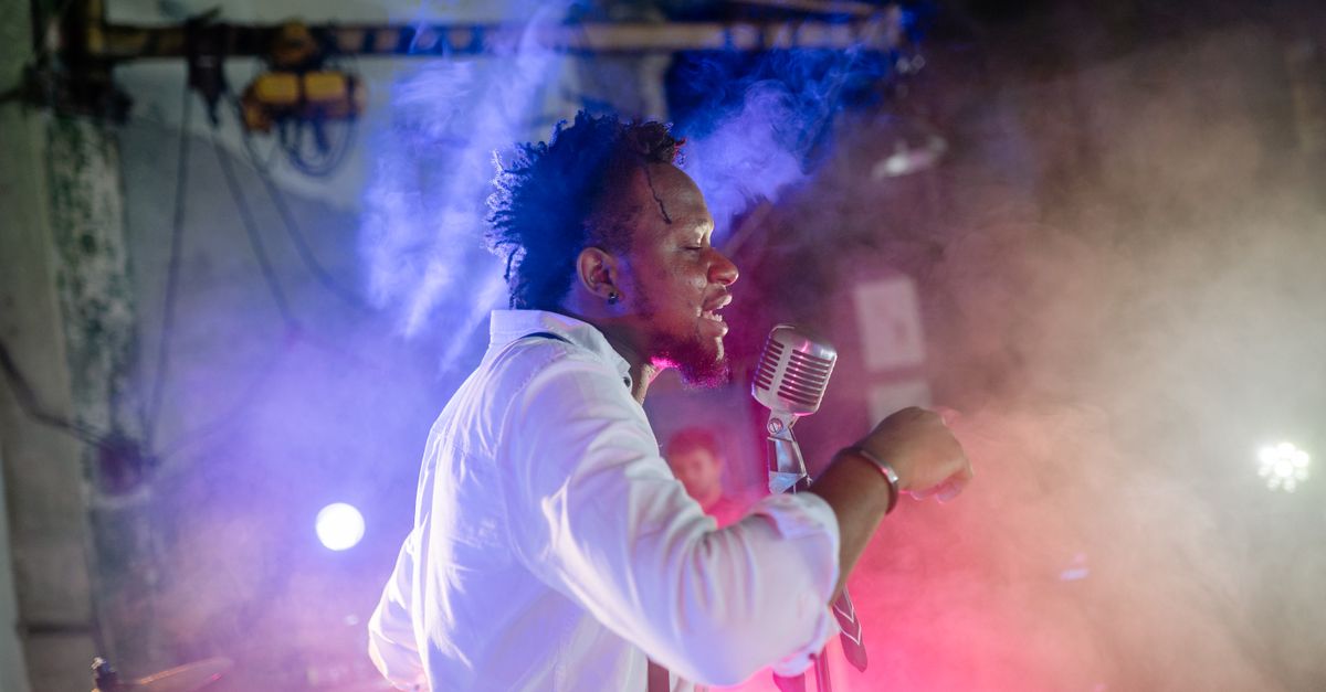 Close-up of a young Nigerian man with eyes closed, singing passionately in a crowd with stage lights creating a dramatic effect