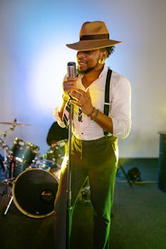 A charismatic singer performs passionately under concert lighting, showcasing musical artistry.