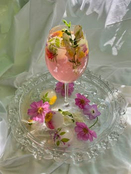 A beautiful pink cocktail adorned with vibrant flowers served in an elegant wine glass on a crystal platter.