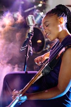 Captivating live performance by a talented female guitarist showcasing musical artistry.
