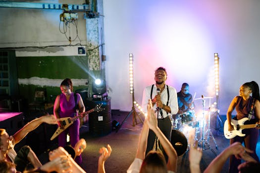 Live band playing music with vibrant lights and engaging crowd in an indoor setting.