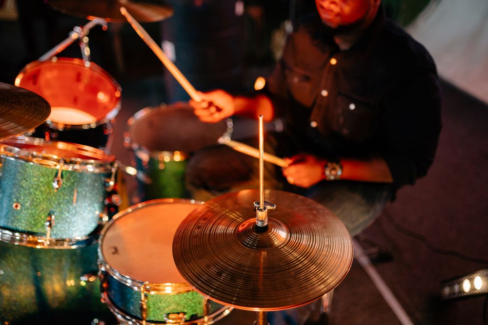 Close-up of a drummer mid-performance