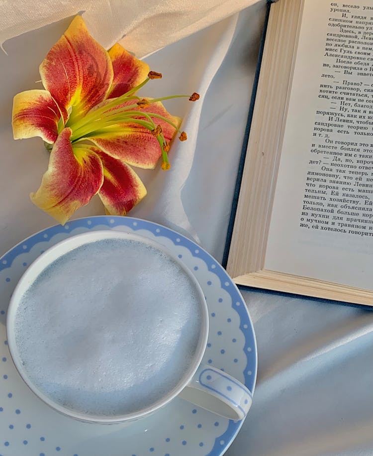 A Cup Of Frothy Drink Beside A Stargazer Flower