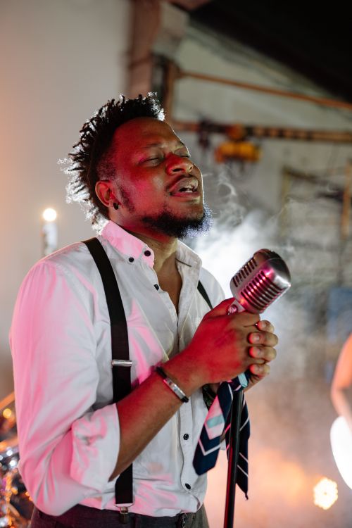 Free Charismatic singer passionately performing with vintage microphone under stage lights. Stock Photo