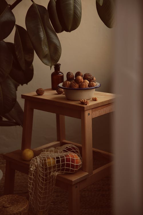 Nuts and Fruits on Wooden Chair