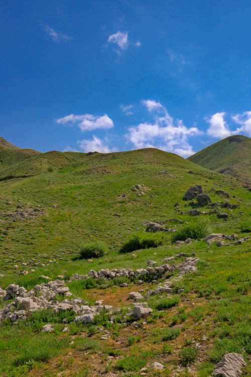 Free A scenic hillside with greenery and rocks, under a clear blue sky. Stock Photo