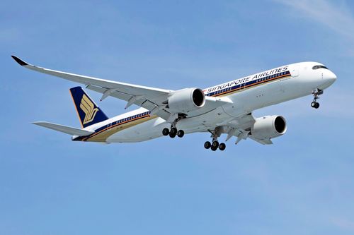 Free A Singapore Airlines Airbus A350 jet under a clear blue sky, showcasing its landing gear. Stock Photo
