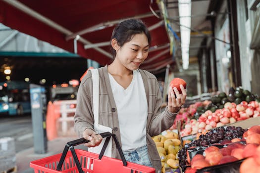 Woman selecting fruit at an outdoor market, holding a red apple in a basket.