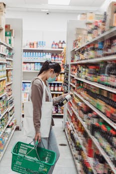 Woman wearing mask shopping in a supermarket, examining product labels for informed purchase.