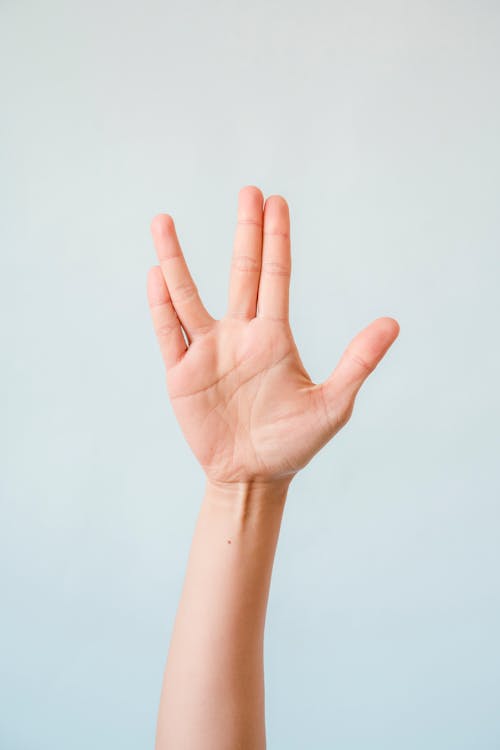 Close-up of a Raised Hand Doing the Vulcan salute