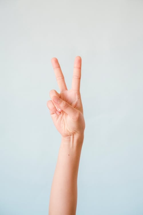 Persons Hand Doing a Peace Sign