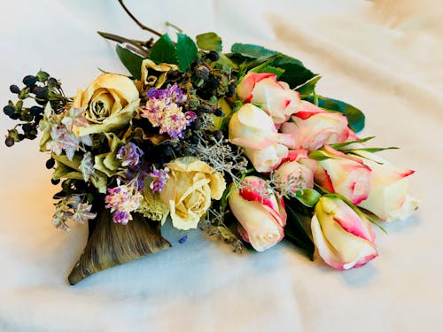 Free stock photo of dried flowers with fresh roses, flower bouquet, old and new