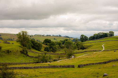Free Idyllic landscape with rolling meadows, stone walls, and cloudy sky, perfect for nature lovers. Stock Photo
