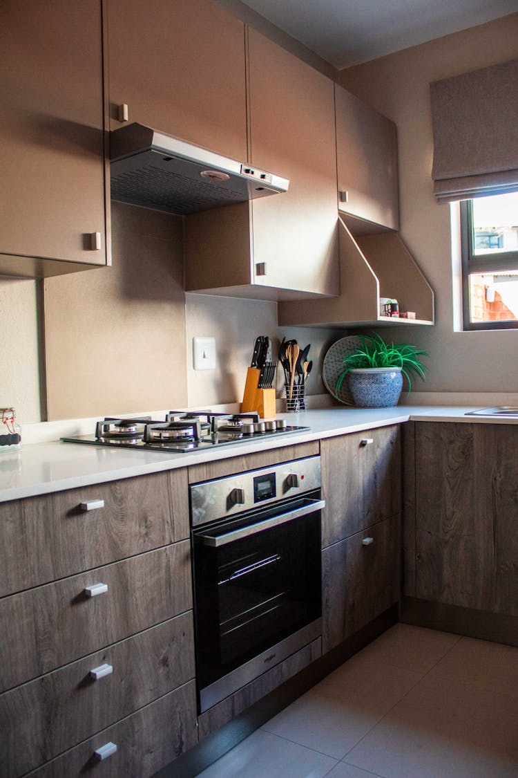 Wooden Drawers And Cabinets In A Kitchen