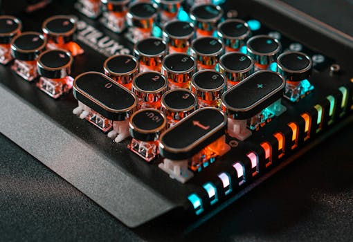 Close-up of a retro mechanical keyboard with colorful RGB backlighting and unique round keys.