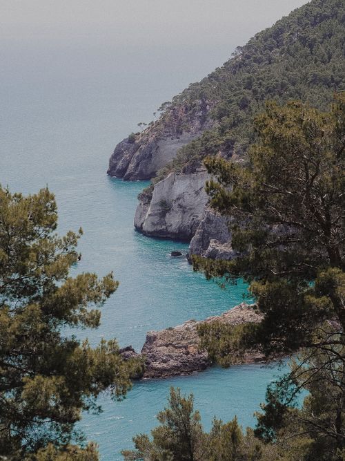 Free Breathtaking high-angle shot of cliffs and turquoise sea framed by lush trees. Stock Photo