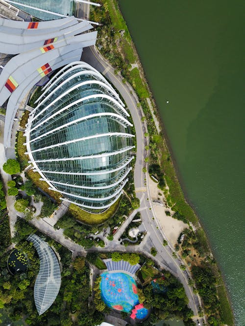 Free Bird's Eye View of The Flower Dome and Cloud Forest At The Gardens By The Bay Nature Park, Singapore Stock Photo