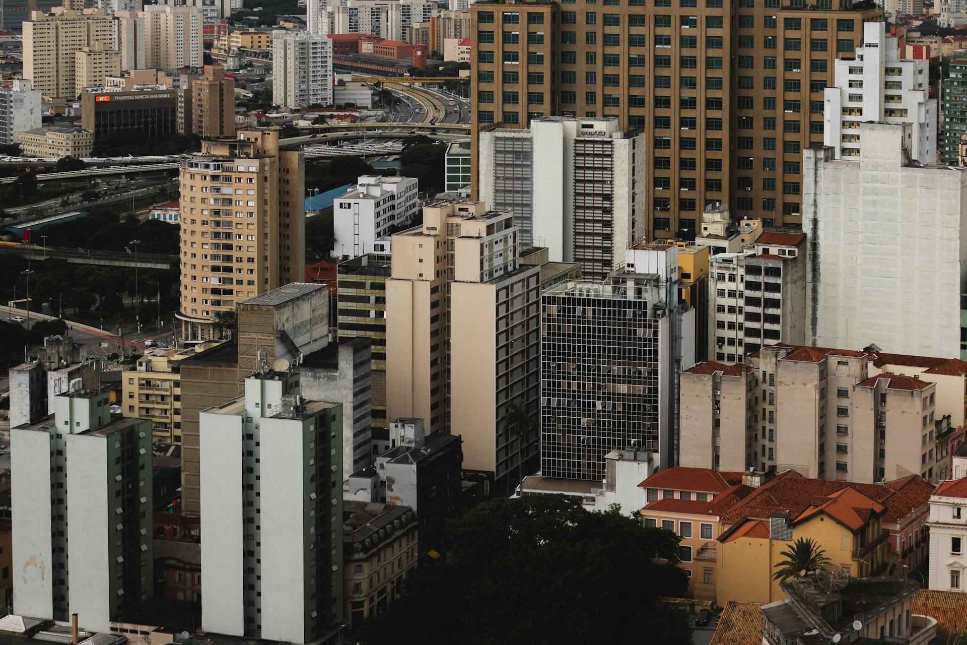 Aerial view showcasing the dense highrise buildings in São Paulo's vibrant urban landscape.